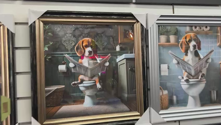 Framed Black & Gold And Silver Beagle dog picture Newspaper on the toilet
