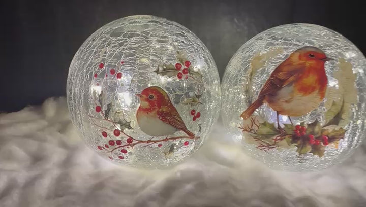 15cm LED Lit Robin crackle glowing Ball Festive Christmas Delight