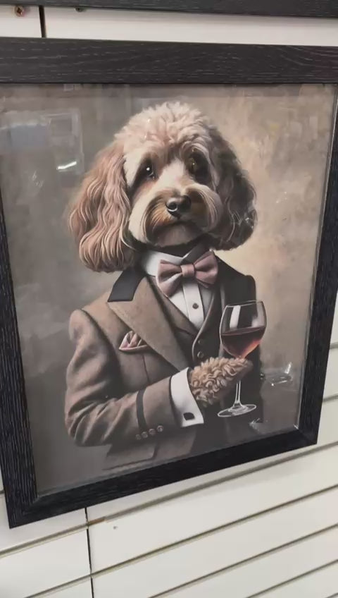 Black framed Cocka Poo dog in a brown suit Glass of wine picture