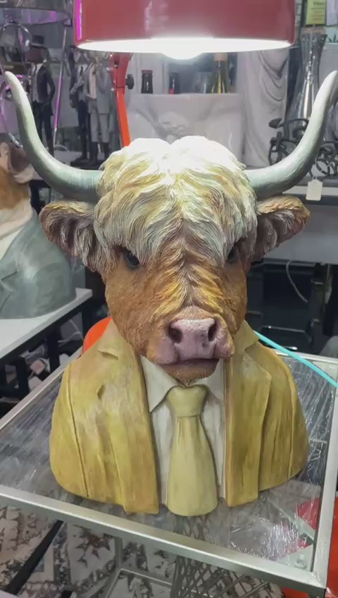 Large Highland Cow bust brown resin wearing suit ornament