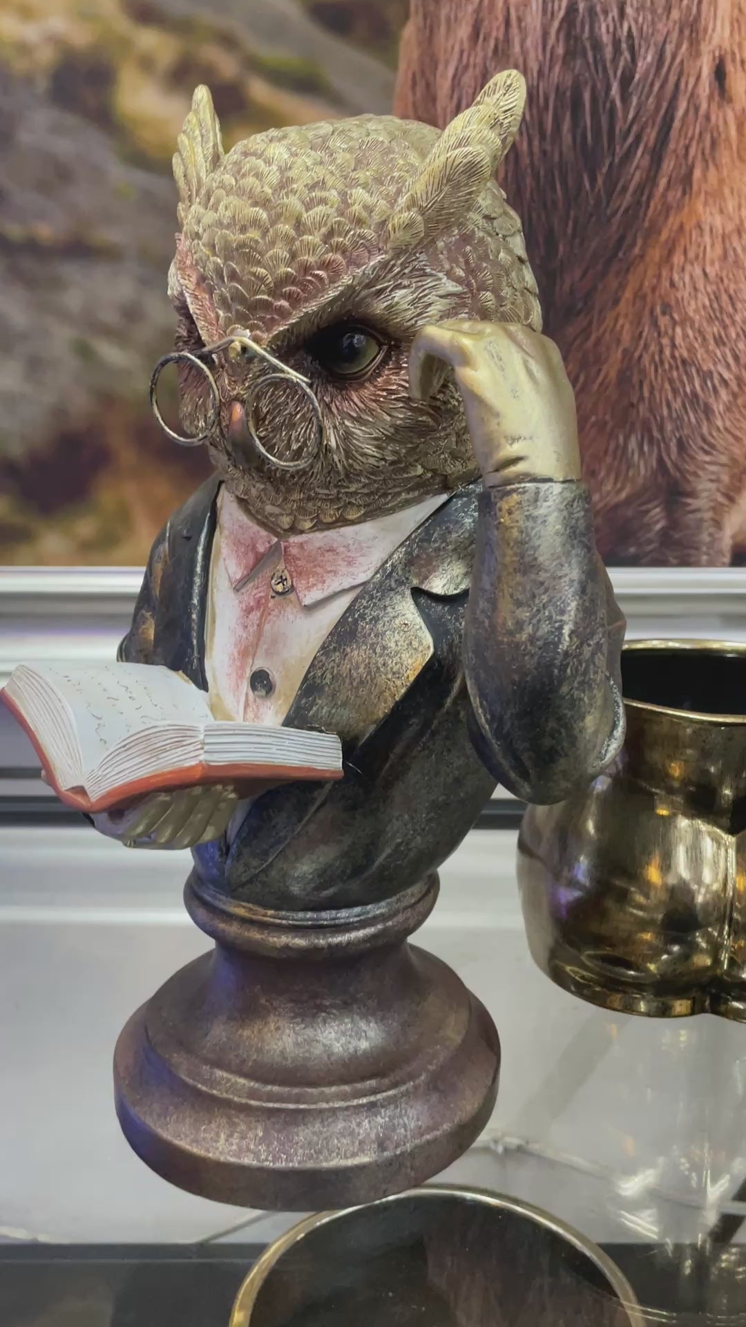 Wise Owl Bust Ornament brushed gold Sculpture wearing Glasses reading a Book
