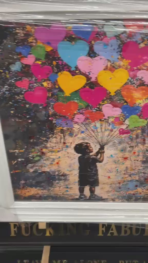 Banksy Girl & Boy with Balloons Wall Art | White Framed Street Art Prints – 39cm & 49cm