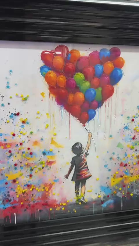 Girl Holding Colourful Balloons Wall Art Black Framed Modern Home Décor Print