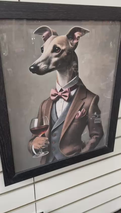 Black framed Whippet dog in a brown suit Glass of wine picture