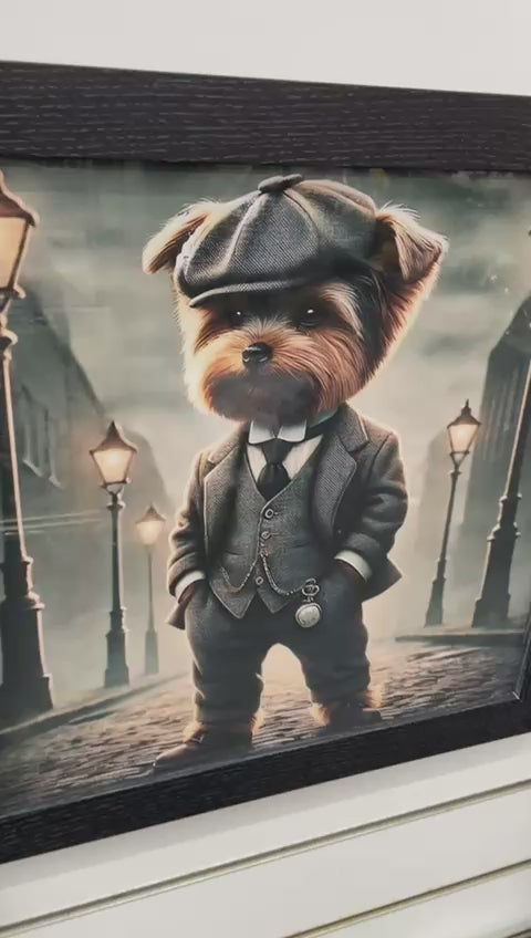 Black framed Shih Tzu dog grey suit picture Peaky Blinders wall art quirky