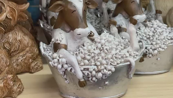 Cow brown & white in a bubble bath-silver bath ornament
