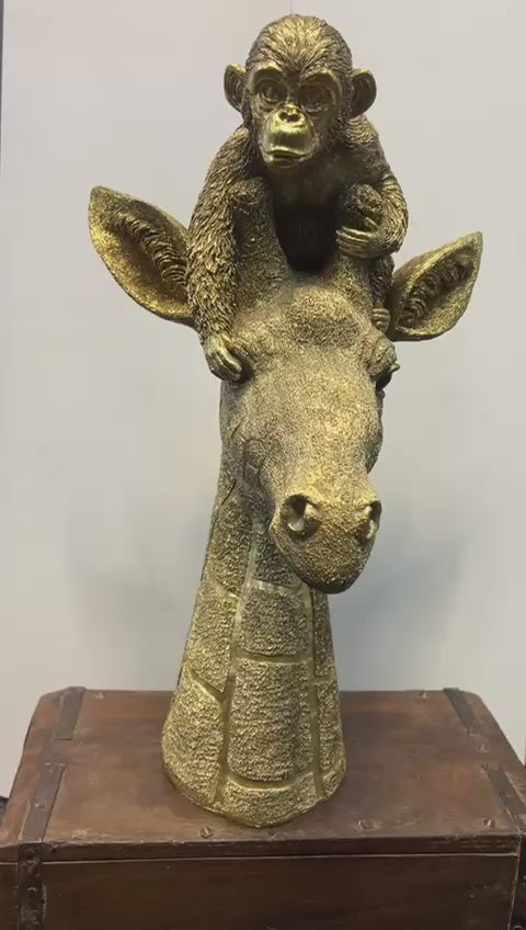 Monkey Sitting on Giraffe's Head Gold Resin Ornament – Unique Jungle Animal Décor