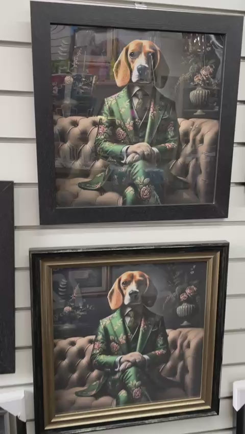 Black & gold step framed Beagle dog in green floral suit picture
