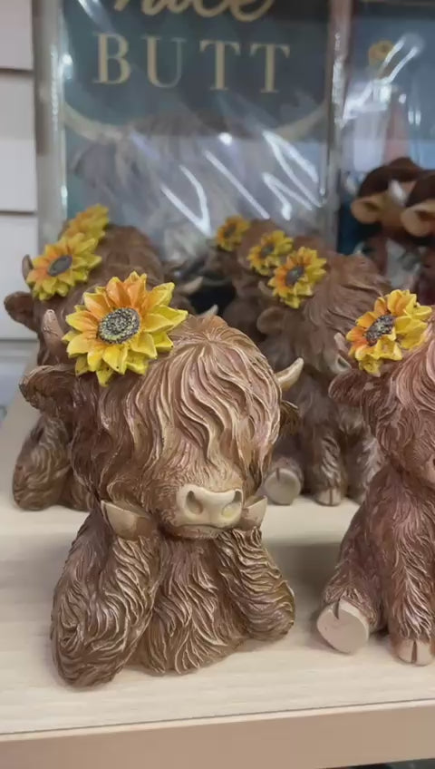 Brown Highland Cows with yellow sunflower on head Ornament