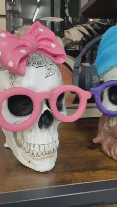 Skeleton with pink bow & blue headphones quirky ornament resin decorative decor