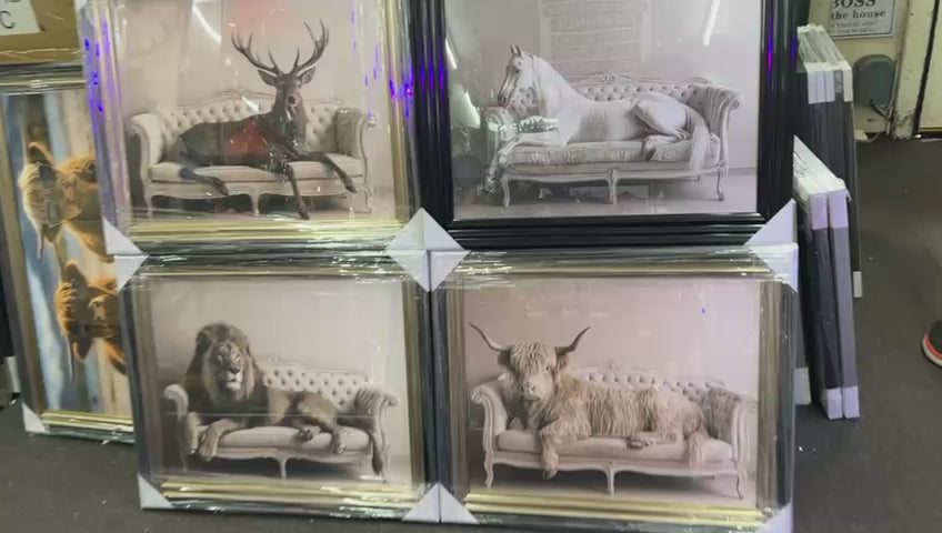 Animals Lounging on Vintage Couch Quirky Animal Wall Art Black and Gold Framed
