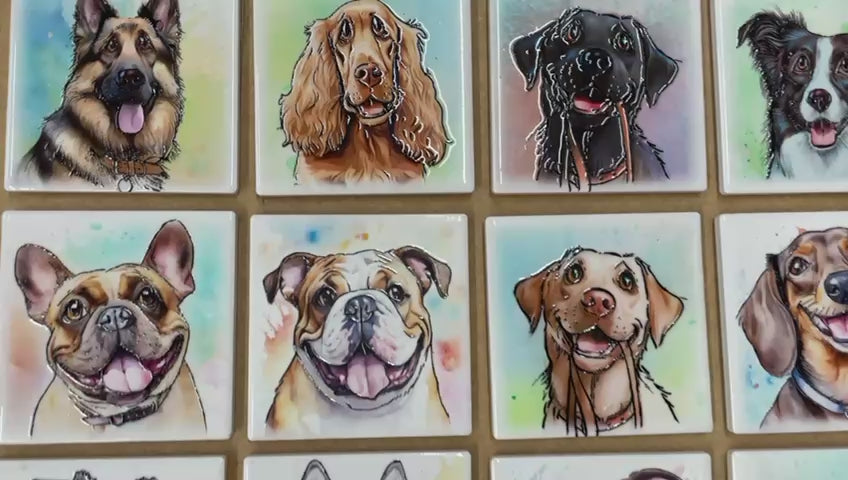 Dog breeds coasters handpainted tube lined artwork ceramic square cork backing