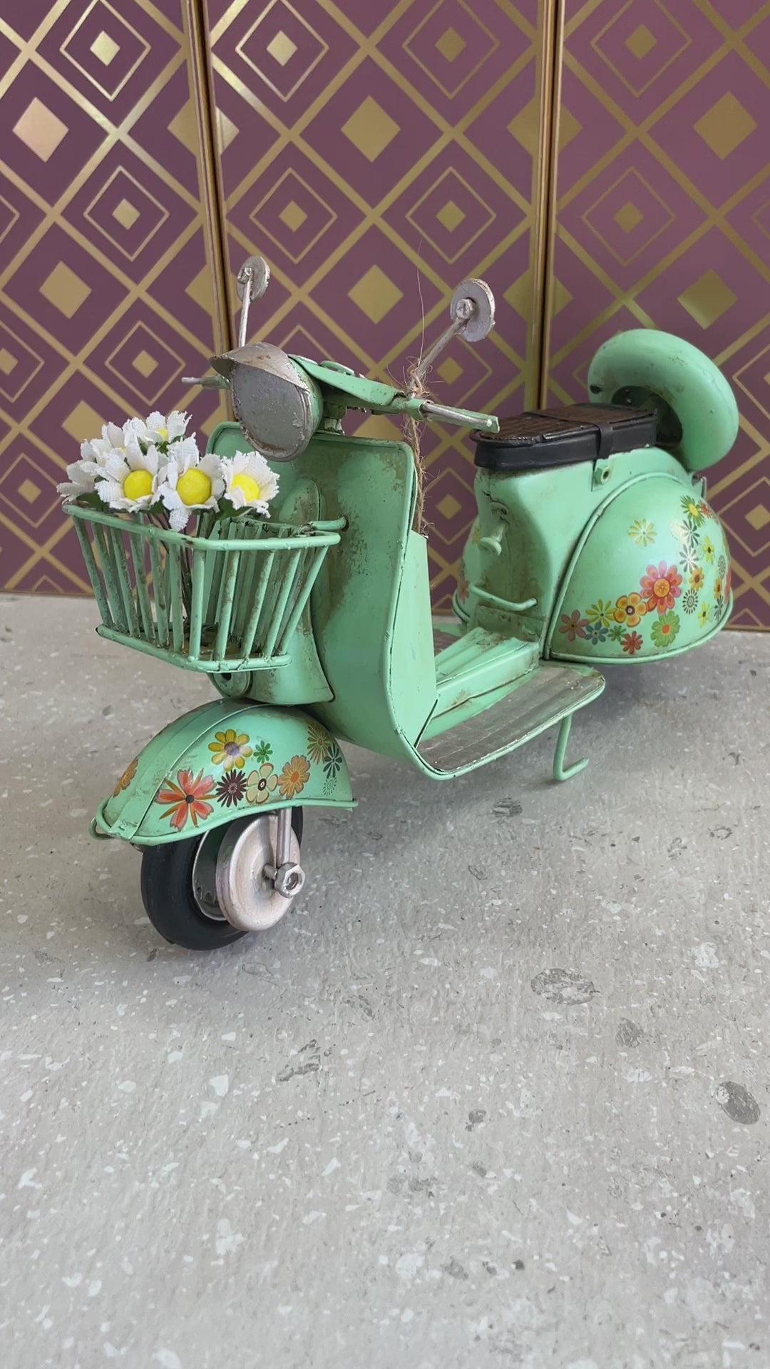 Vintage Lambretta Scooter Tin Model – Red, Yellow, Green, Pink & Purple Floral Retro Transport Collectible Décor