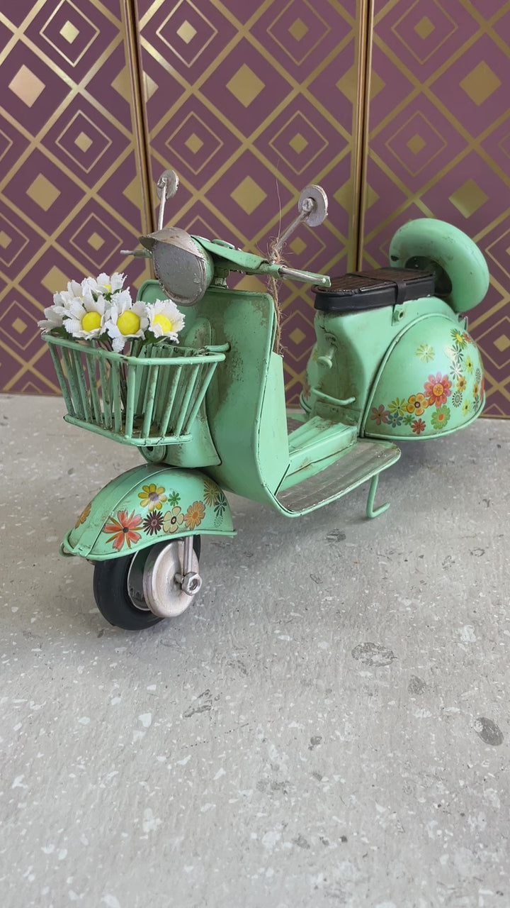 Vintage Lambretta Scooter Tin Model – Red, Yellow, Green, Pink & Purple Floral Retro Transport Collectible Décor