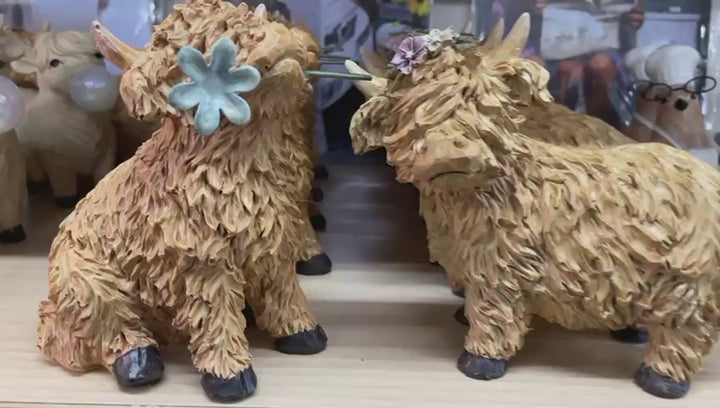 Brown Highland Cows with flower in mouth & head Ornaments