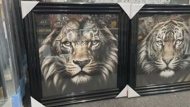Lion & Tiger bold Tribal Tattoo Wall Art Jungle Animal Black Framed Picture