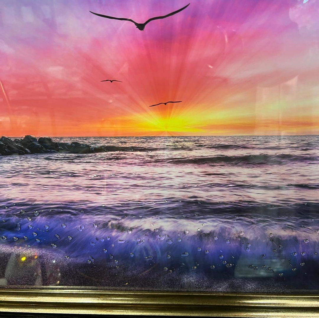 Sunset on the beach with birds flying, liquid art resin, two tone black and gold frame