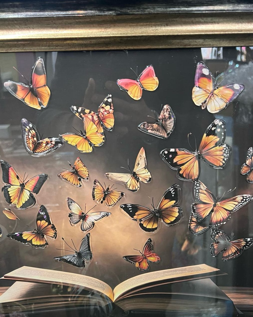 Magical butterflies flying from a book with two tone black and gold frame pictures