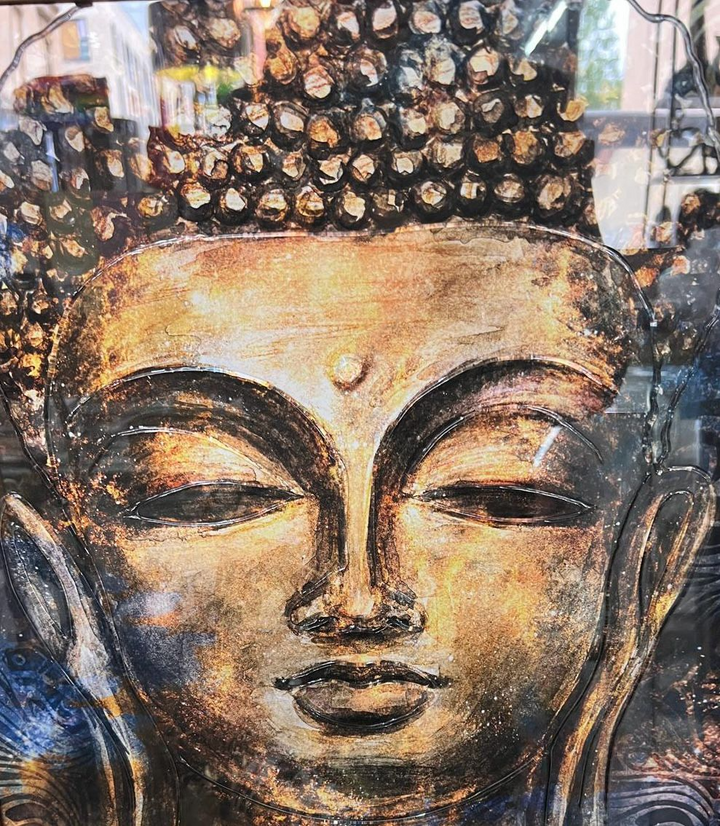 Black and gold Buddha wall art with liquid art resin, black and gold two tone frame