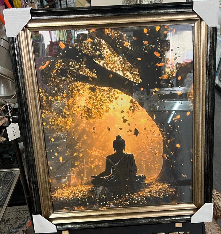 Black and gold Buddha wall art with liquid art resin, black and gold two tone frame