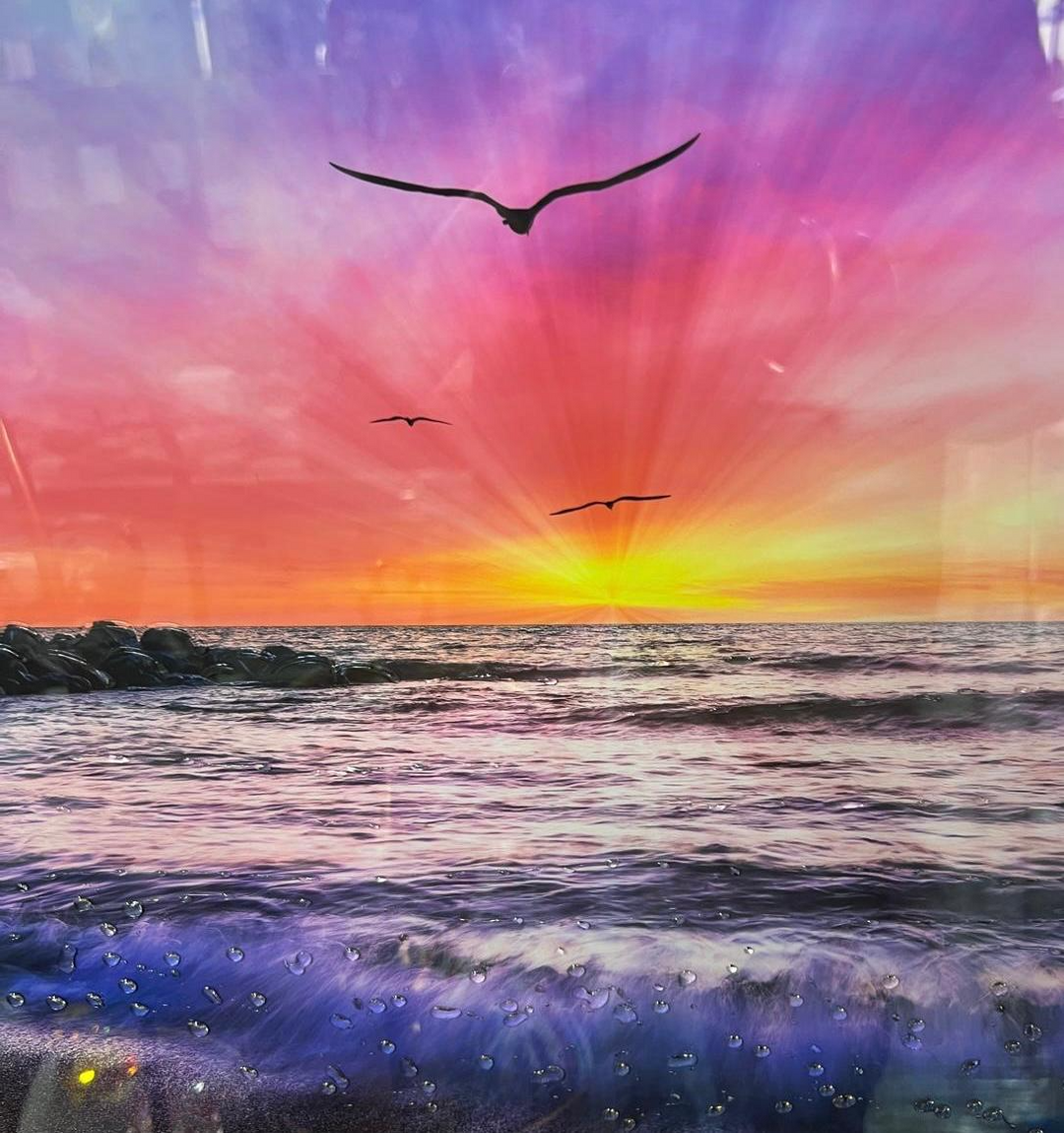 Sunset on the beach with birds flying, liquid art resin, two tone black and gold frame